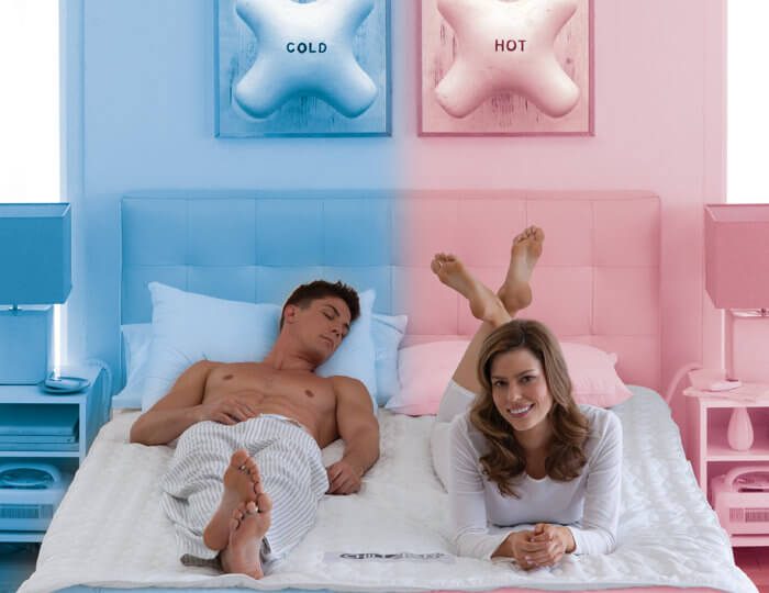 two people in a bed. one person wants it cooler one person wants it hotter.