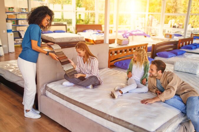 A family shopping for a new bed and asking what is a split box spring.