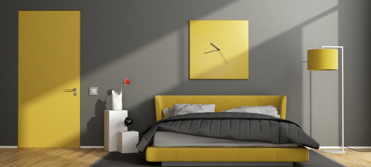 Gray and yellow modern bedroom.