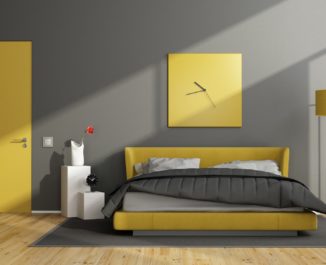 Gray and yellow modern bedroom.