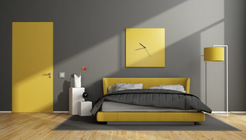 Gray and yellow modern bedroom.