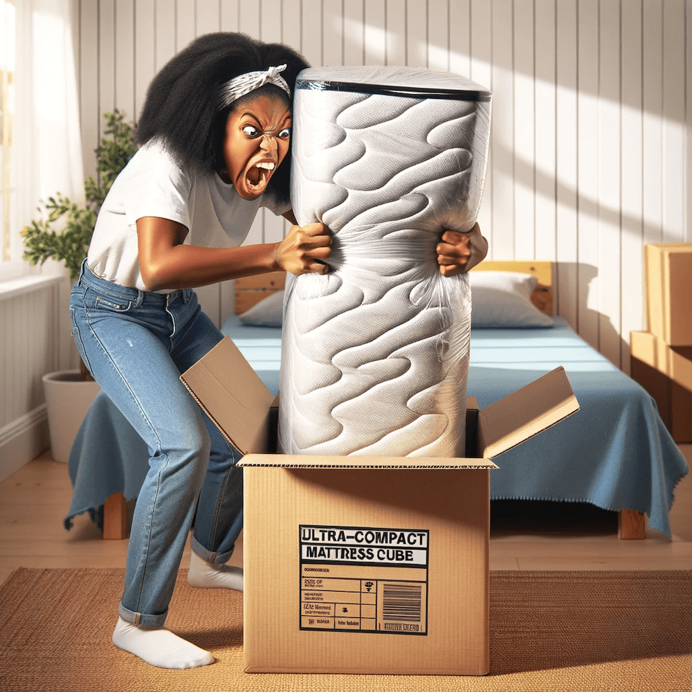 Woman having issues getting her mattress out of the small bed in a box.