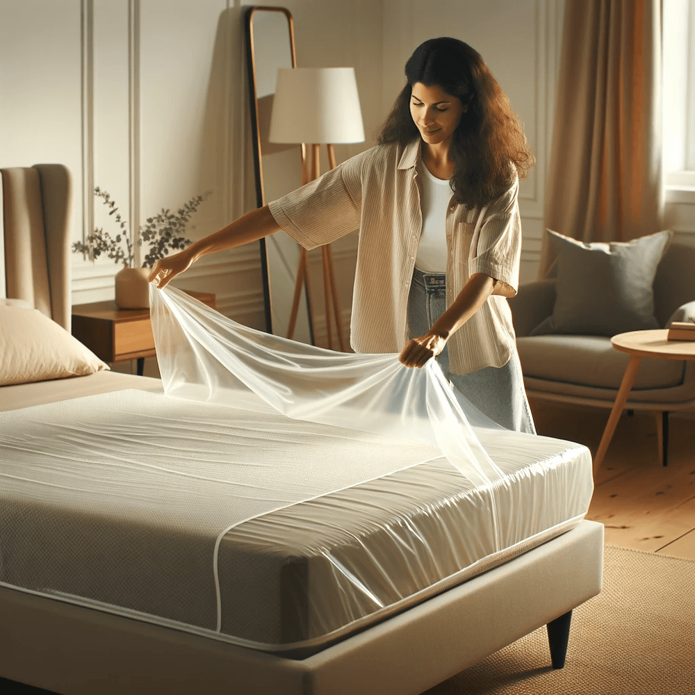 Woman putting on a mattress cover.