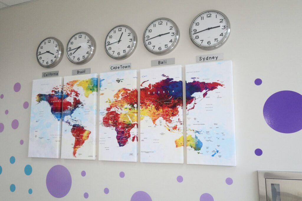 Colorful geography classroom with maps and time zones
