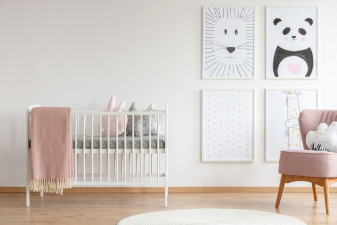 Crib in baby room. Baby bedding.