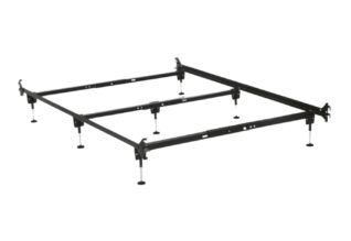 Heavy-duty Twin/Full bed frame for headboard and footboard with 7-leg center support, hook-in and bolt-on hardware, Made in USA.